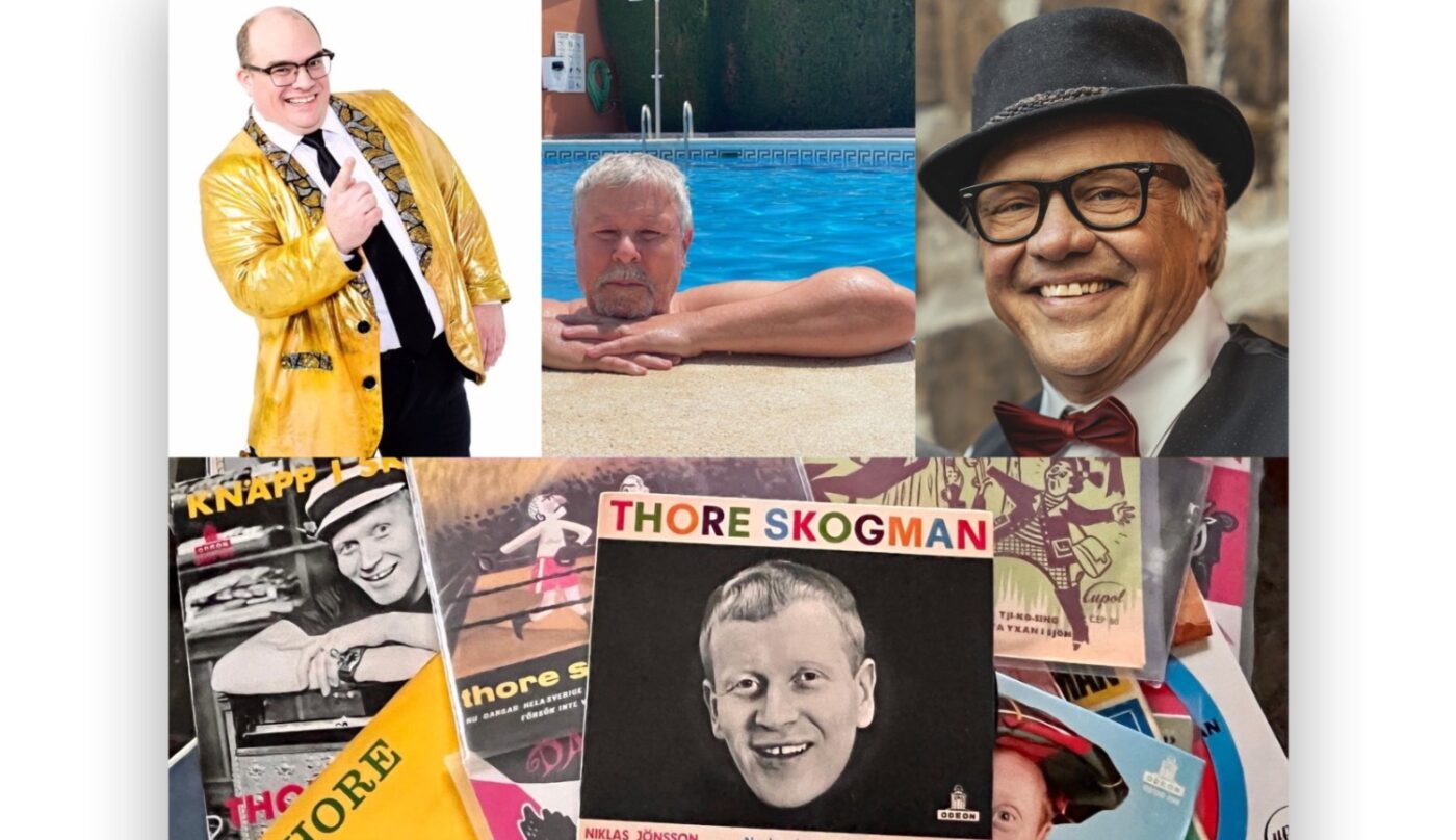 Bildkollage med Thore Skogman, musiker ur Thore Skogband och gästsångare