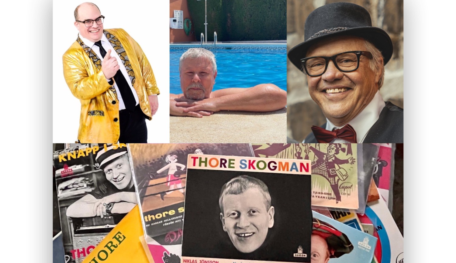 Bildkollage med Thore Skogman, musiker ur Thore Skogband och gästsångare