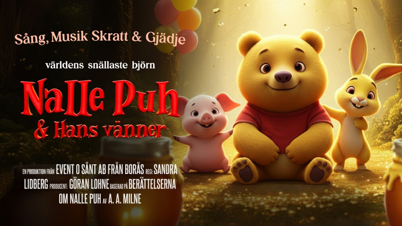 Animerade figurer i from av Nalle Puh, Nasse och Kanin sitter på marken i sol. Informationstext om föreställningen syns till vänster i bilden