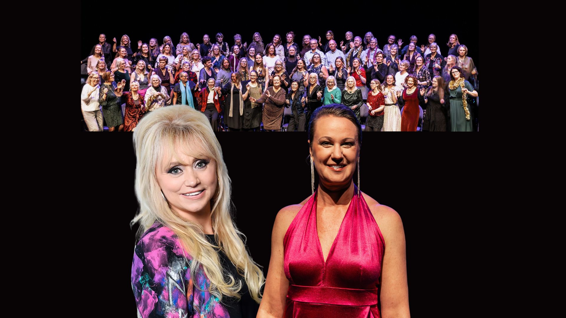 En stor kör i bakgrunden med två sångerskor i scenkläder i förgrunden