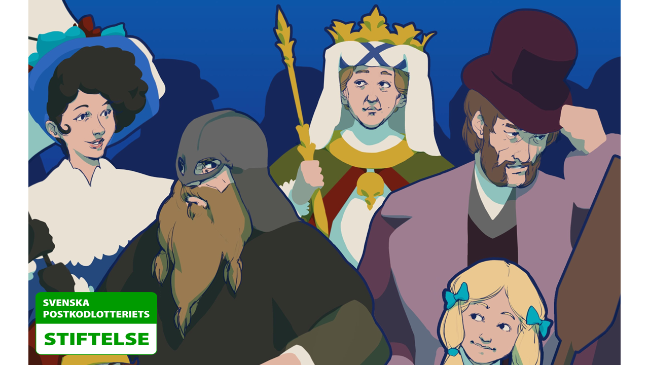 Animerad bild med vikingar, kungar, barn och annat folk