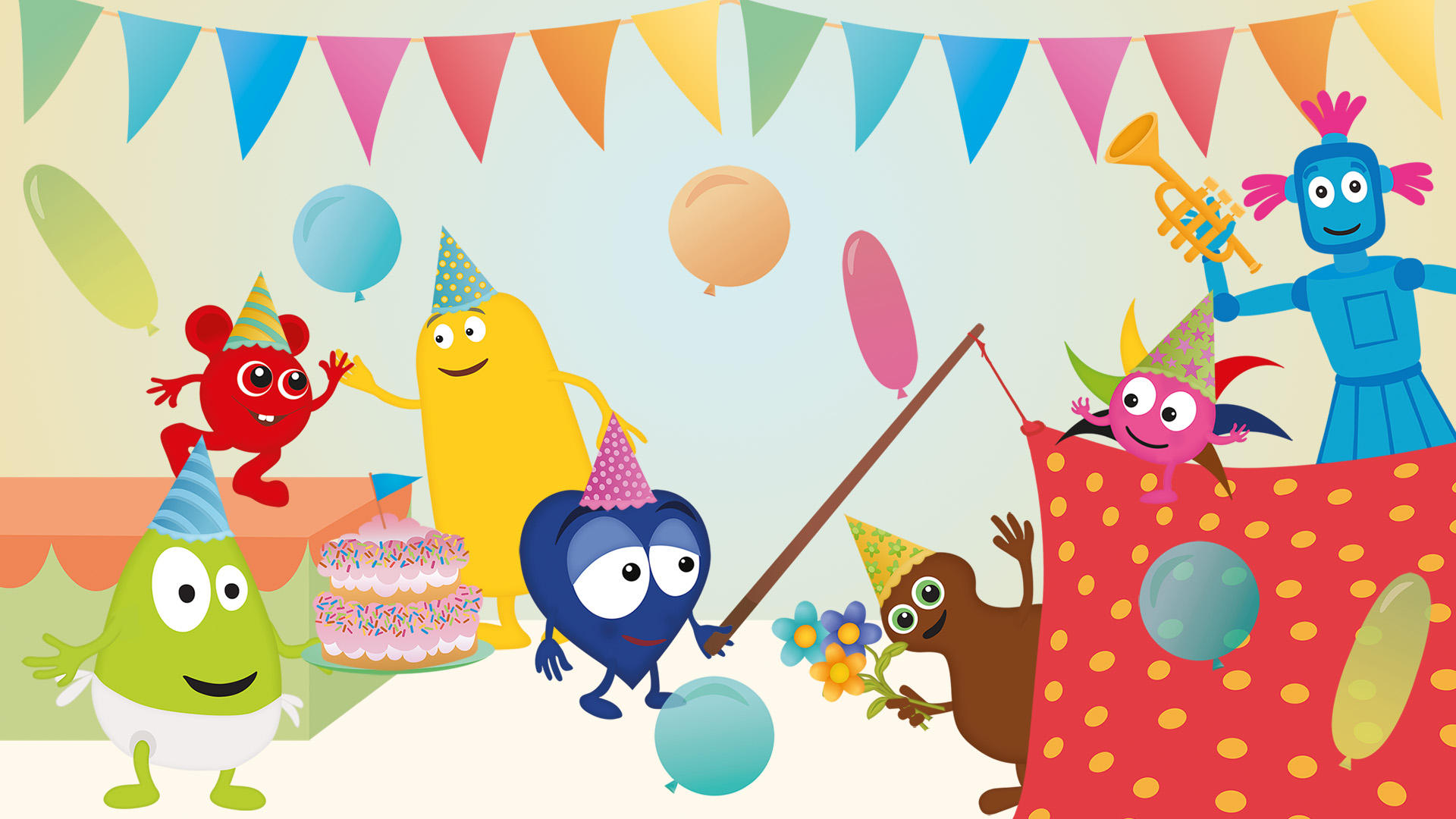 Flera tecknade, färgglada figurer har kalas med ballonger, tårta, vimplar och partyhattar. Några håller i presenter, en blå robot spelar trumpet och en brun figur har blommor. Stämningen är glad och festlig.